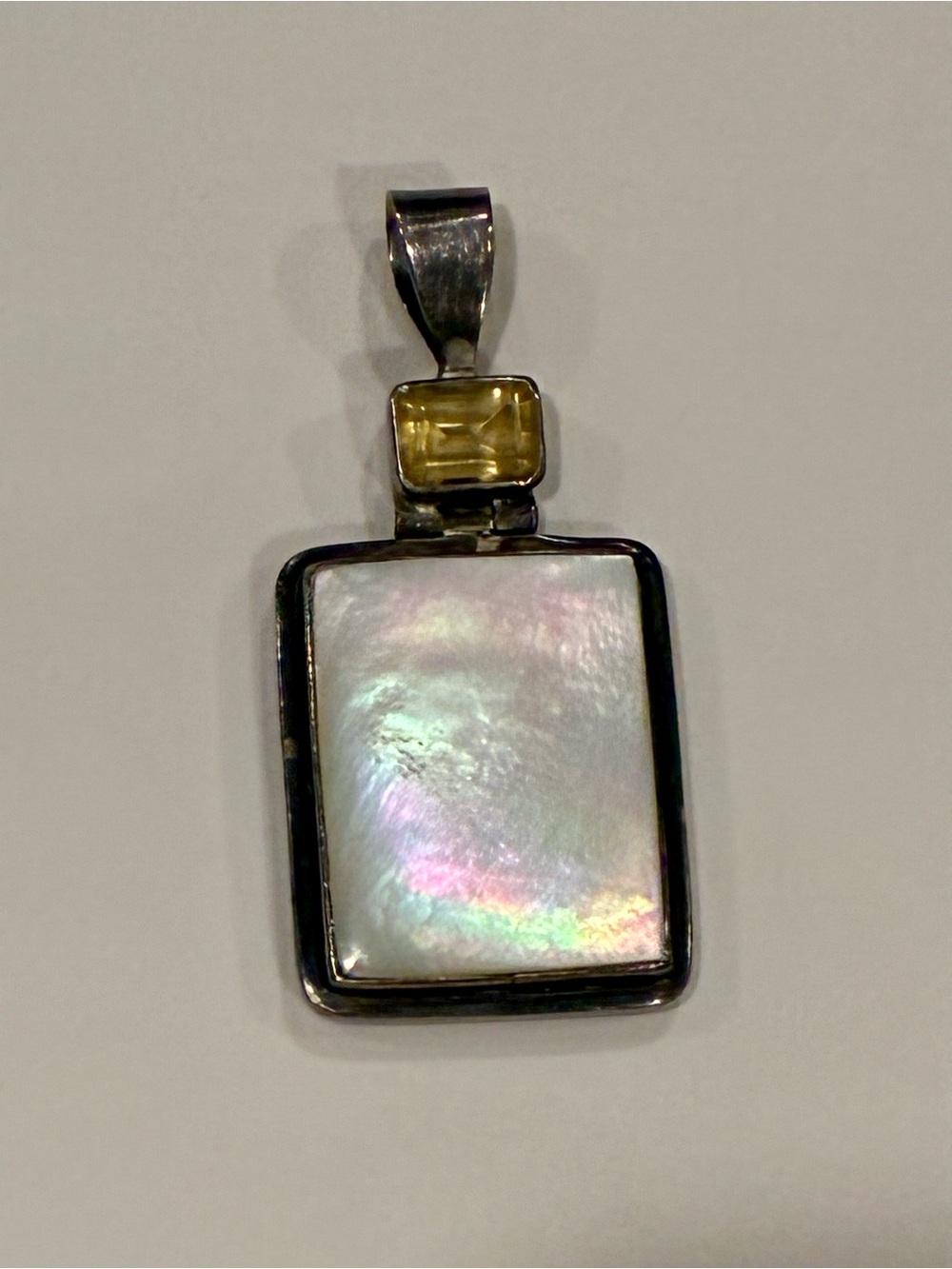 Sterling Silver Mother of Pearl and Citrine Rectangular Pendant